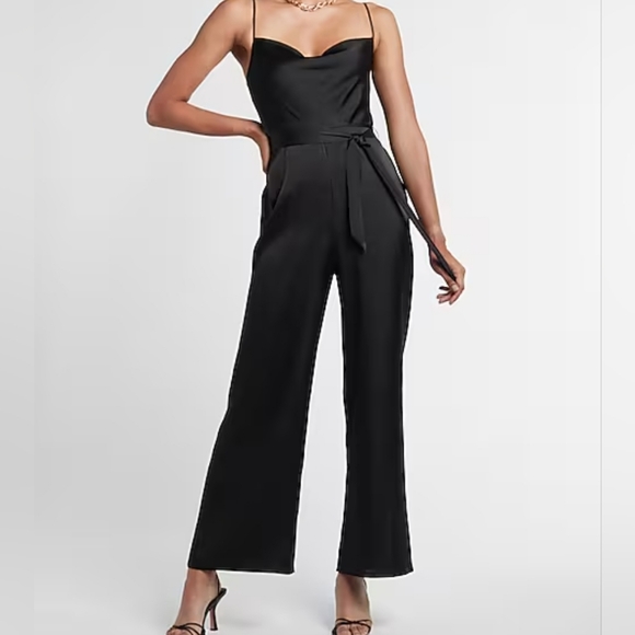 Express Pants - Express Black Satin Belted Cowl Neck Wide Leg Jumpsuit Size XS